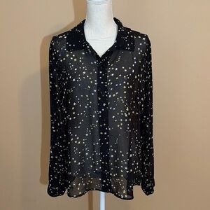 CAbi # 3592 Star Print Galaxy Starry Night Sheer Button-Down Blouse Large